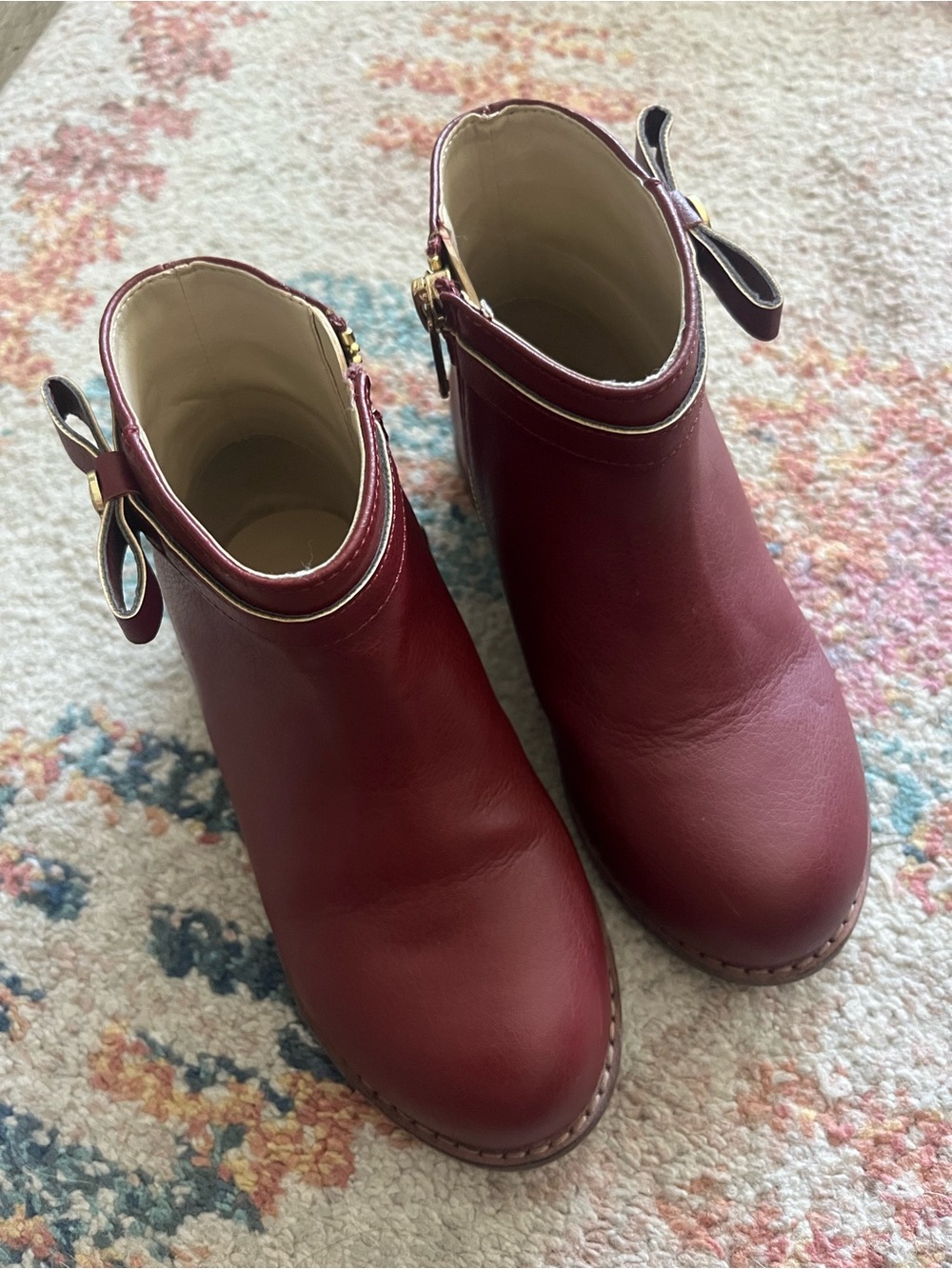 Janie and Jack Burgundy Leather Ankle Boots with Bow Accent